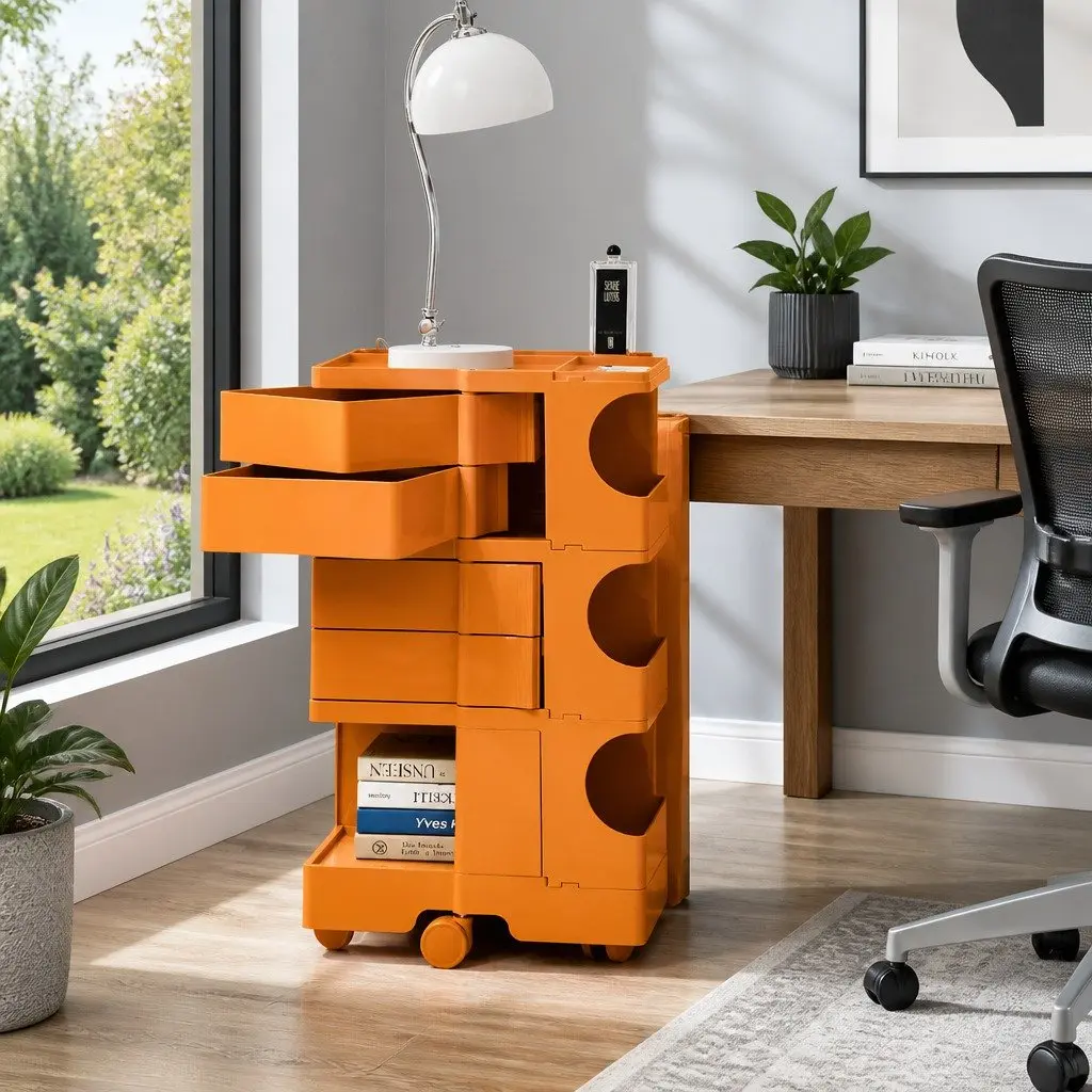 Storage Trolley Bedside Side Table 5 Tier Cart Boby Style Orange Wheels