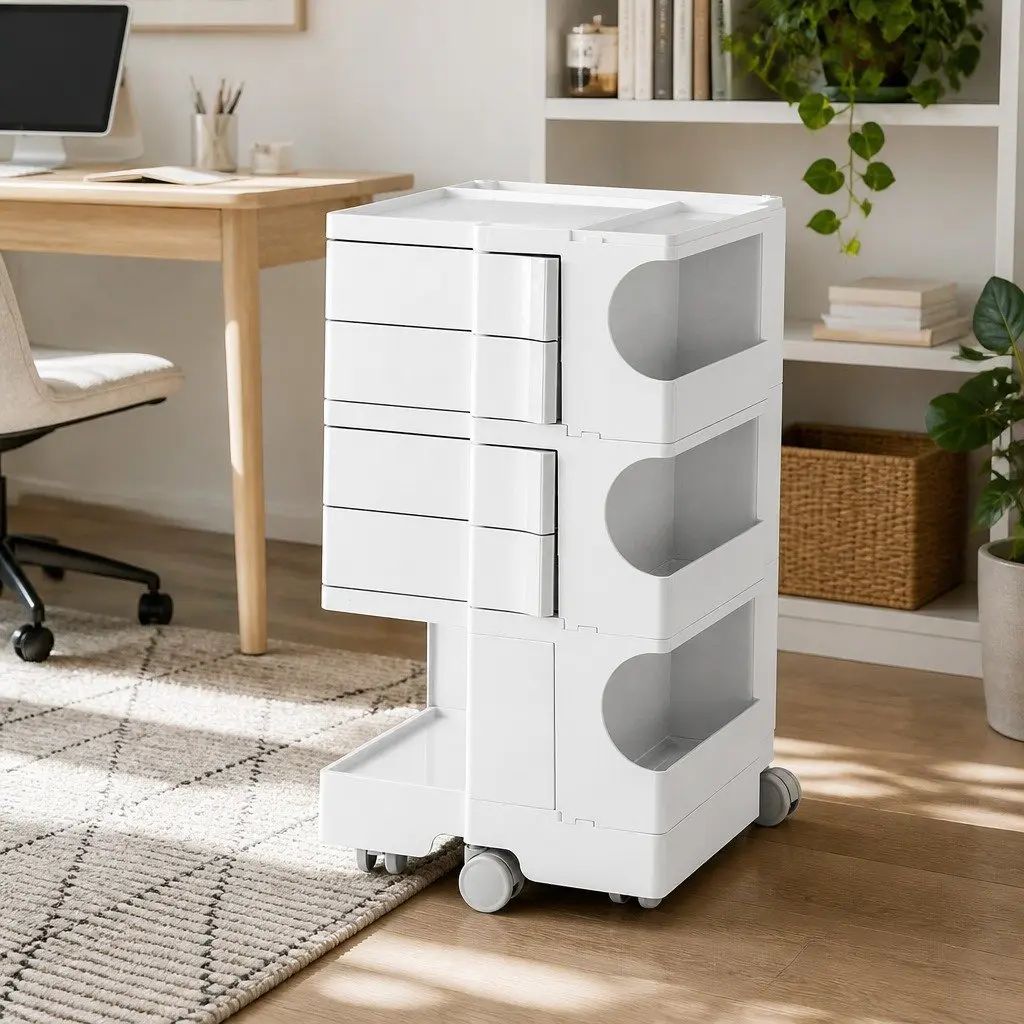 Storage Trolley Cart with Fold-Out Shelves Bedside Table Compact White Organizer