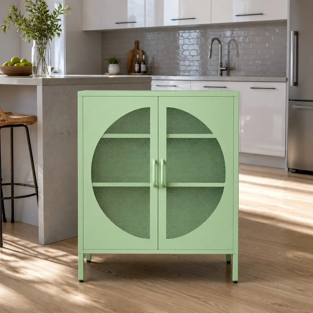 Buffet Sideboard Storage Cabinet 2-Door Mesh Design Light Green Dining Furniture