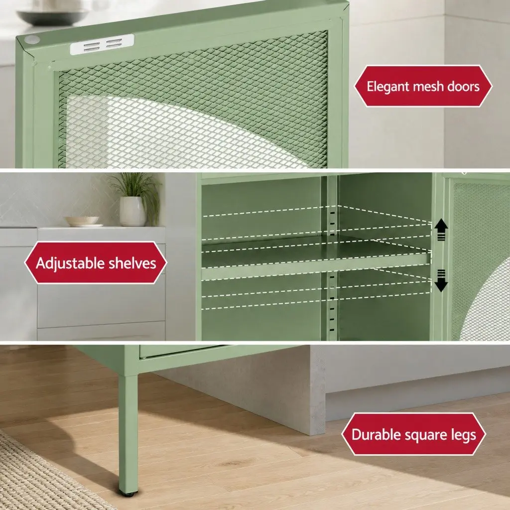 Buffet Sideboard Storage Cabinet 2-Door Mesh Design Light Green Dining Furniture