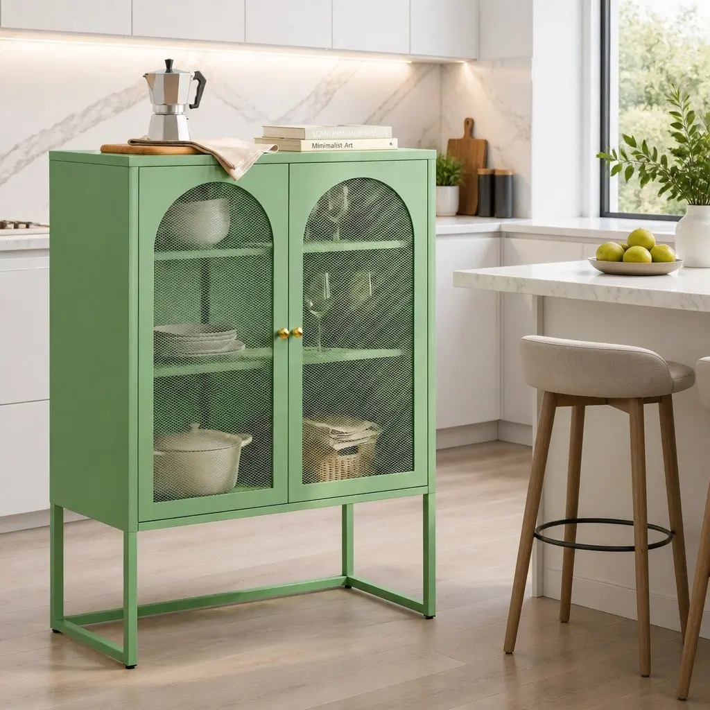 Buffet Sideboard Storage Cabinet 2-Door Light Green Mesh Dining Furniture