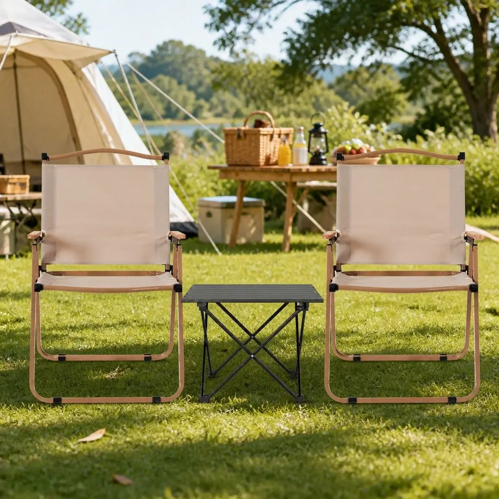 3 Piece Camping Table Chair Set Outdoor Folding Portable Picnic Beach Furniture Beige Black