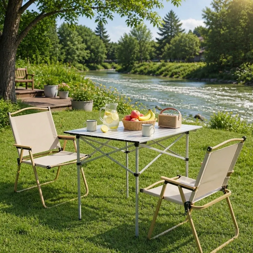 Camping Table Chair Set 3-Piece Outdoor Folding Portable Aluminium Steel Beige Silver