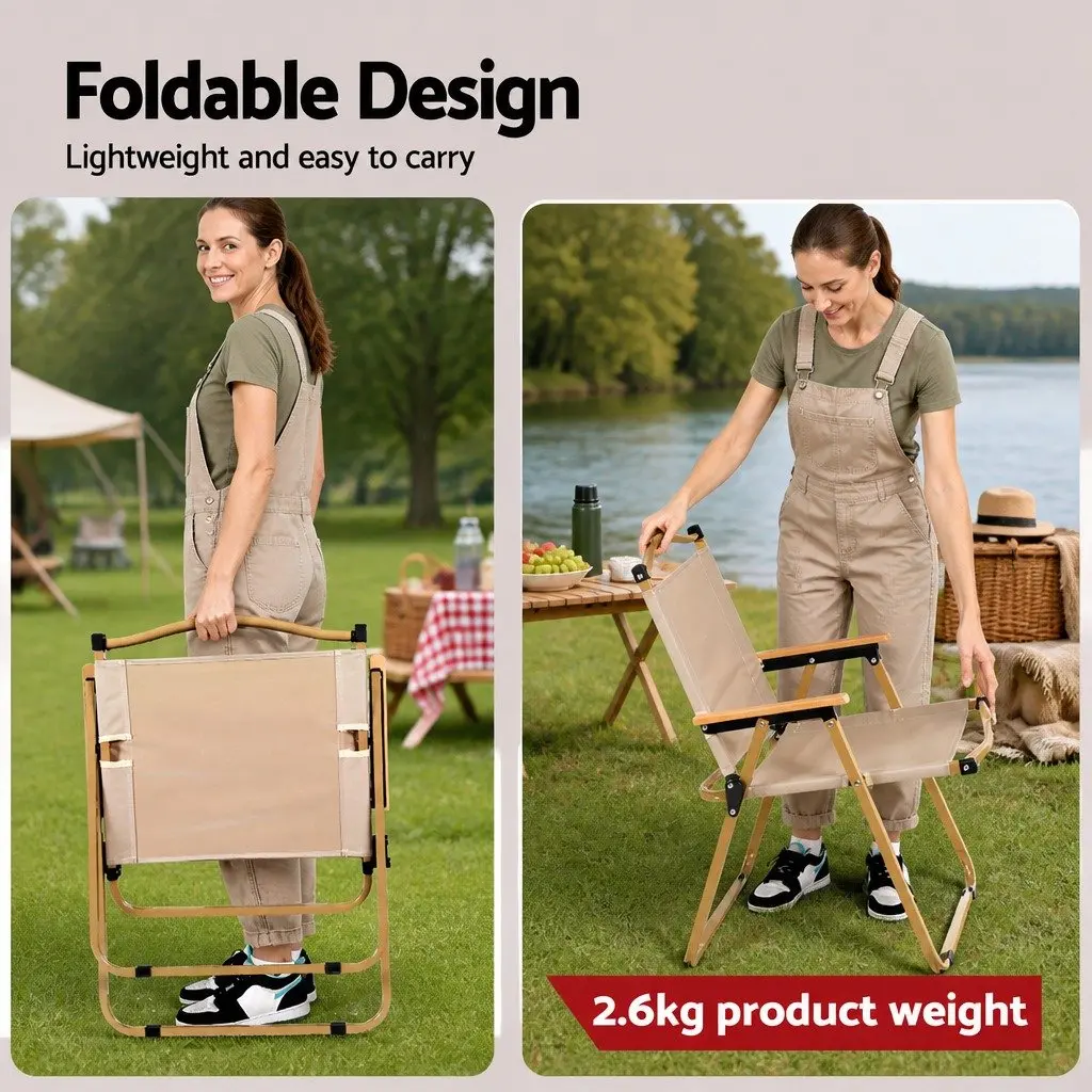 Camping Table Chair Set 3-Piece Outdoor Folding Portable Aluminium Steel Beige Silver
