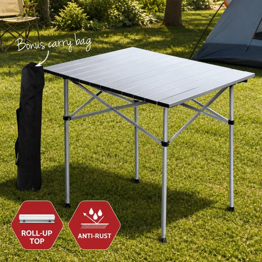 Camping Table Chair Set 3-Piece Outdoor Folding Portable Aluminium Steel Beige Silver