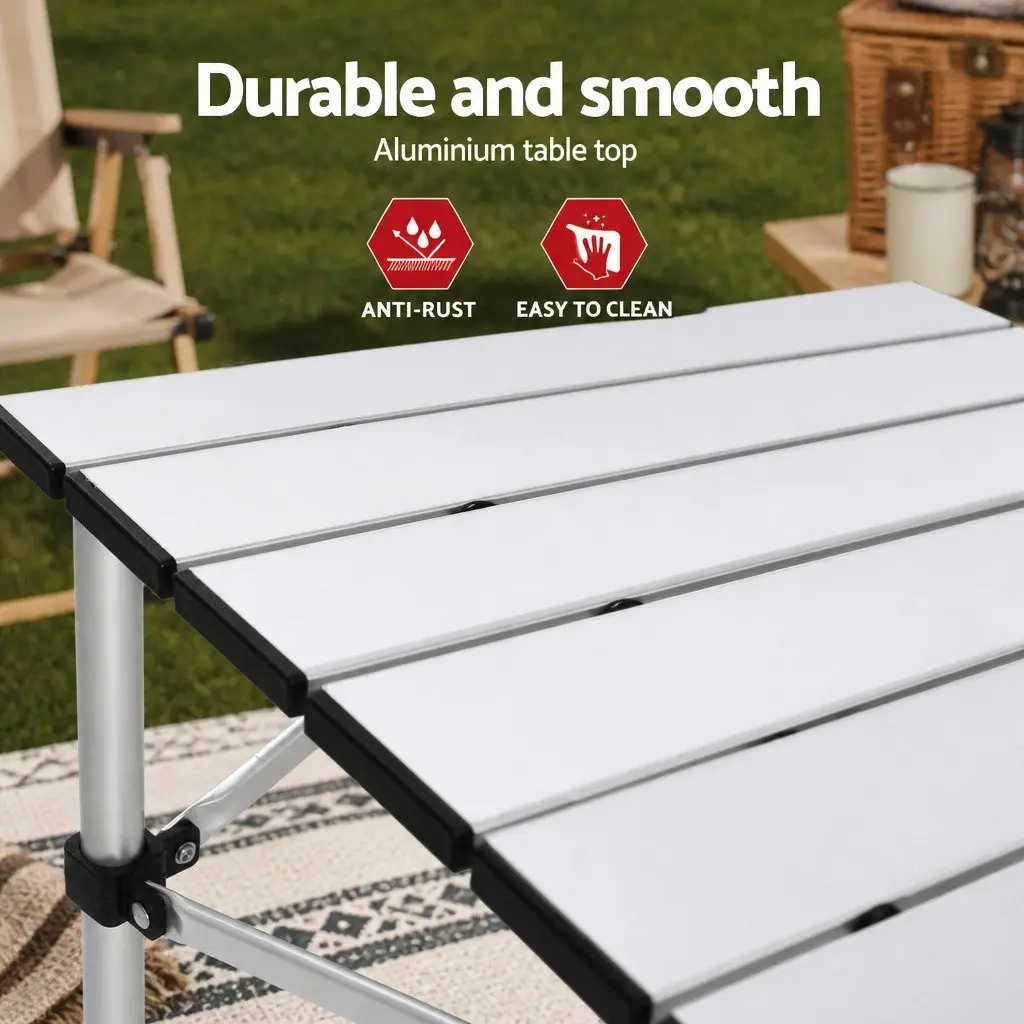 Camping Table Chair Set 3-Piece Outdoor Folding Portable Aluminium Steel Beige Silver