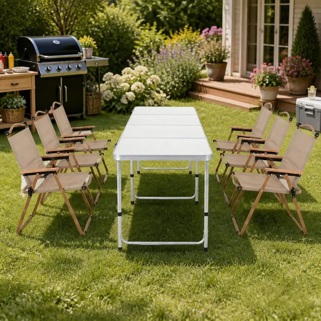 7 Piece Folding Camping Table Chair Set Outdoor Picnic Lightweight Portable Beige Silver