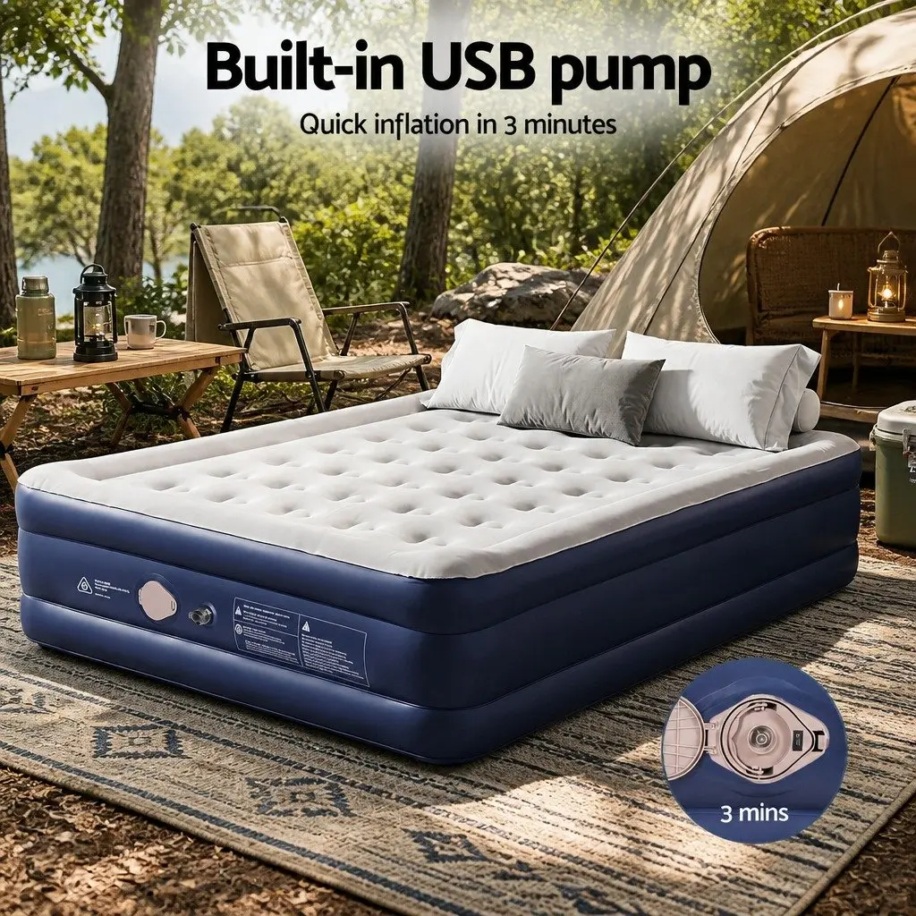 Queen Air Mattress Inflatable Bed 46cm Height Flocked Navy Blue
