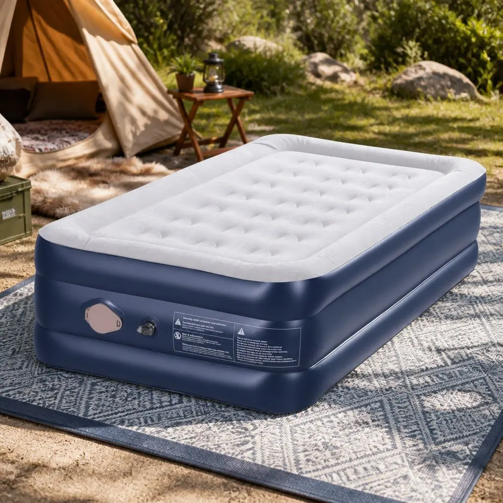 Single Air Mattress Inflatable Bed 46cm High Flocked Surface Navy Blue or Grey
