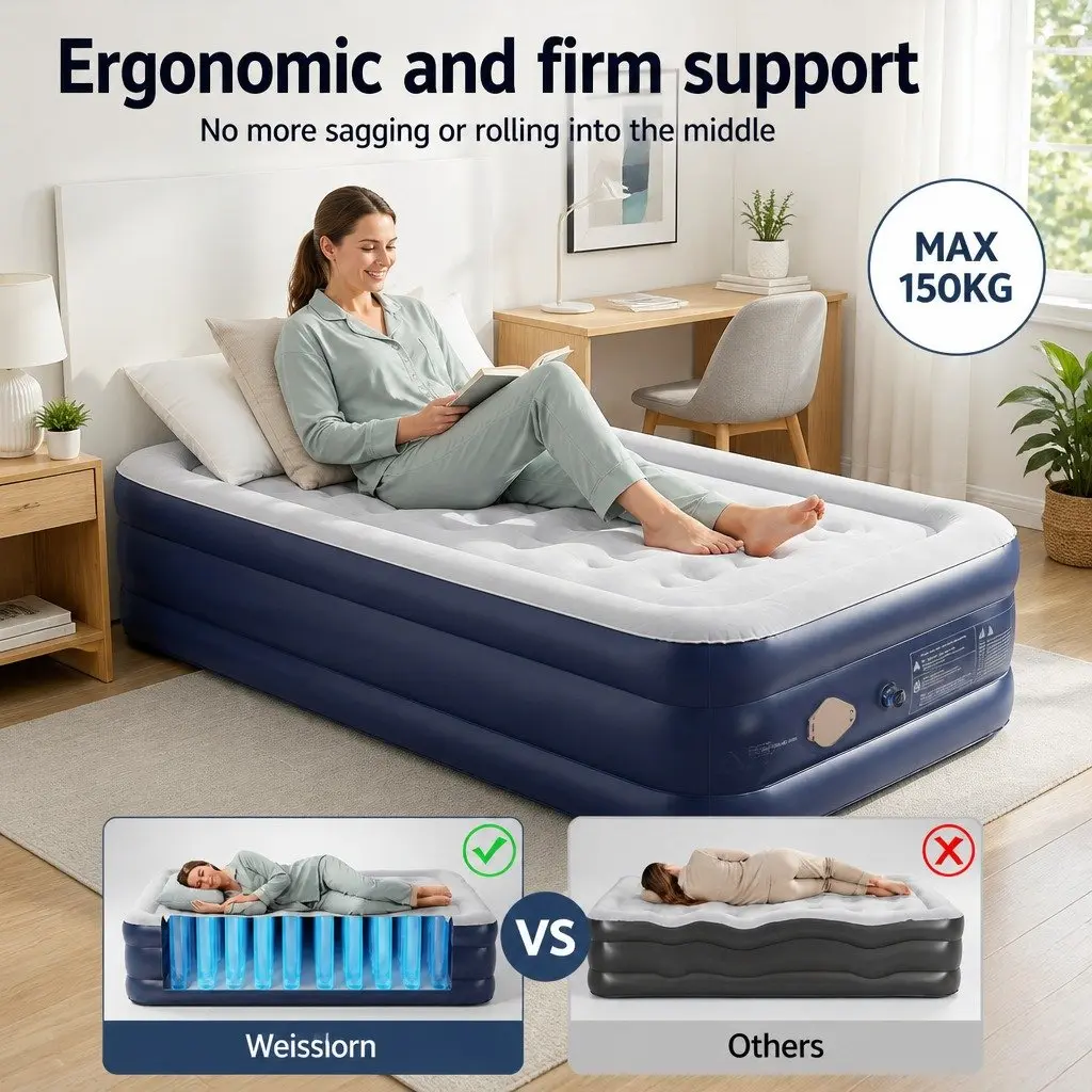 Single Air Mattress Inflatable Bed 46cm High Flocked Surface Navy Blue or Grey