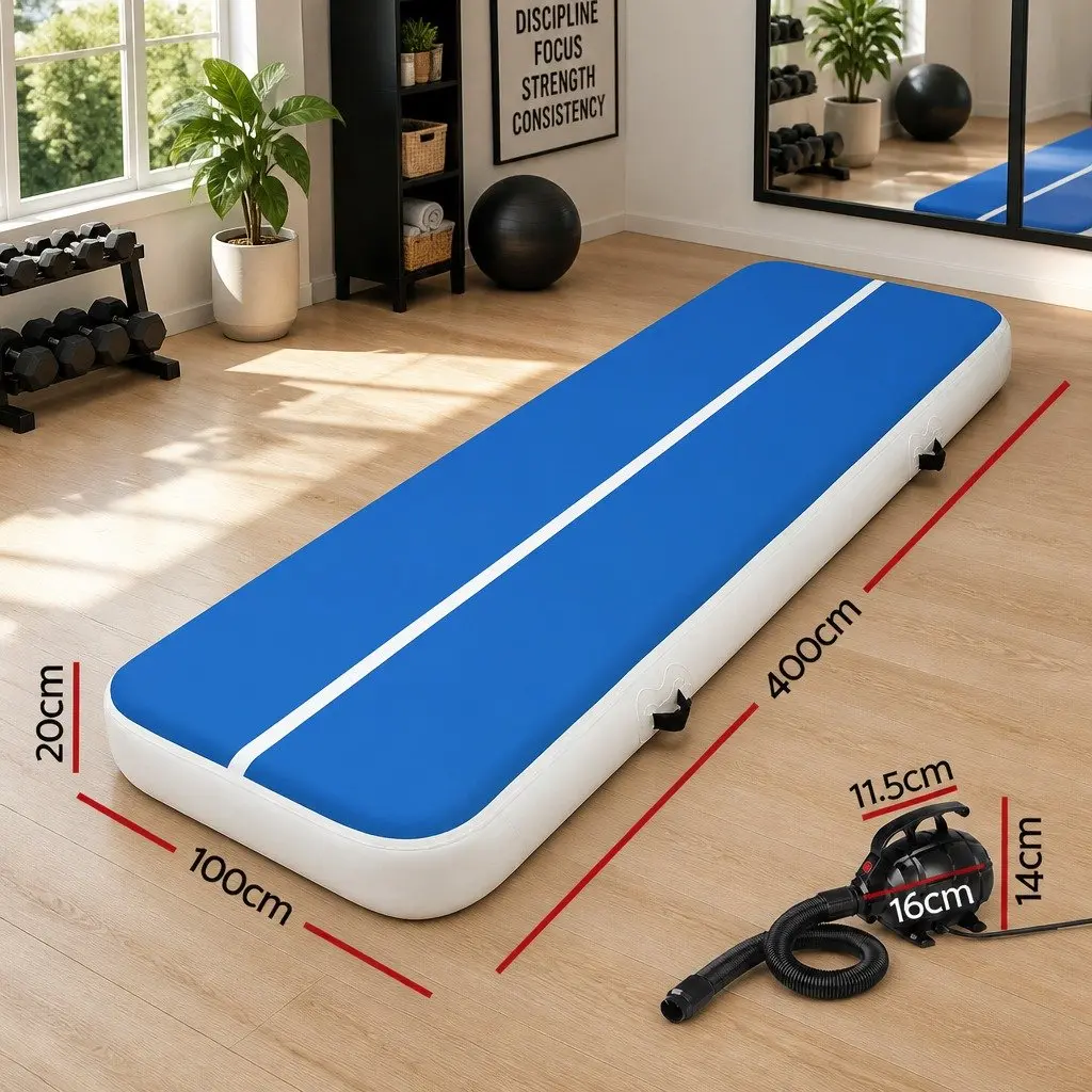 Inflatable Air Track Mat Gymnastics Training 4M x 1M Blue with Electric Pump