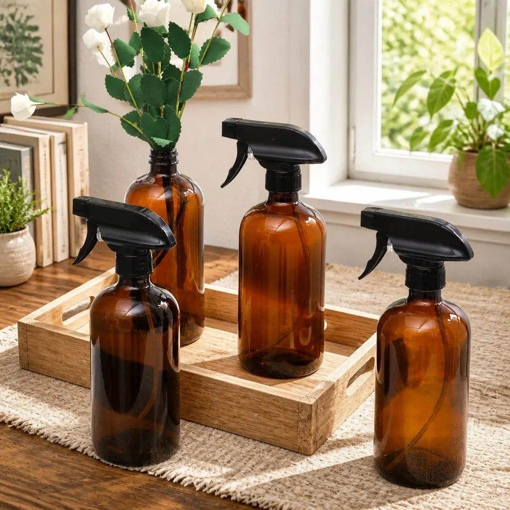 Amber Glass Spray Bottles Fine Mist Stream 500ml 6 Piece