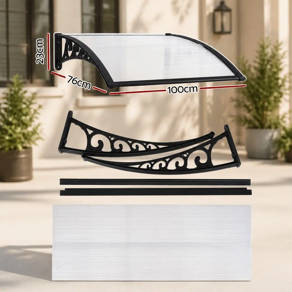 Window Door Awning Sun Rain Protection 0.8M x 1M Transparent Panel Black Brackets