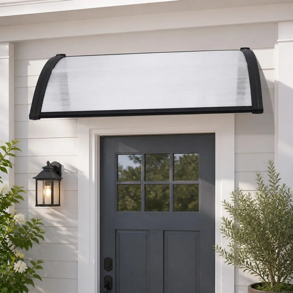 Window Door Awning Sun Rain Protection 0.8M x 1M Transparent Panel Black Brackets