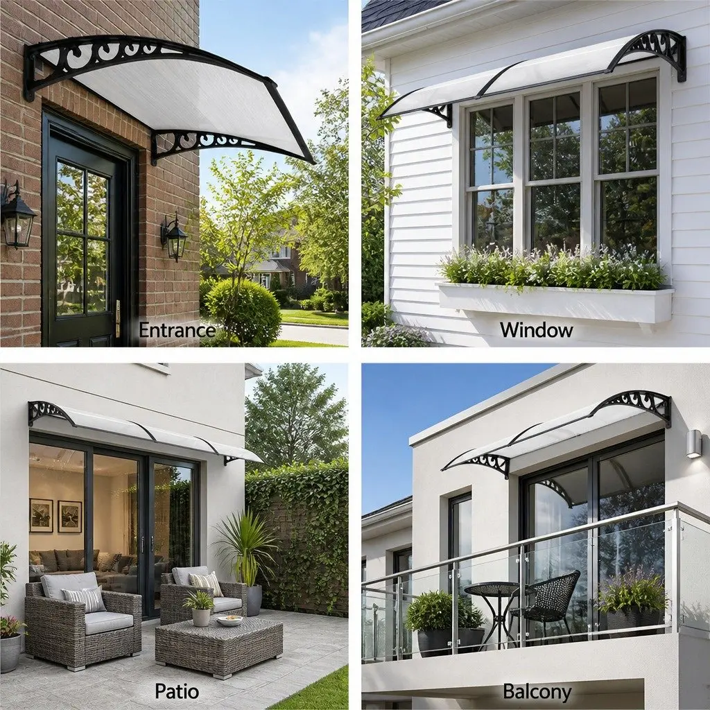 Window Door Awning Sun Rain Protection 0.8M x 1M Transparent Panel Black Brackets