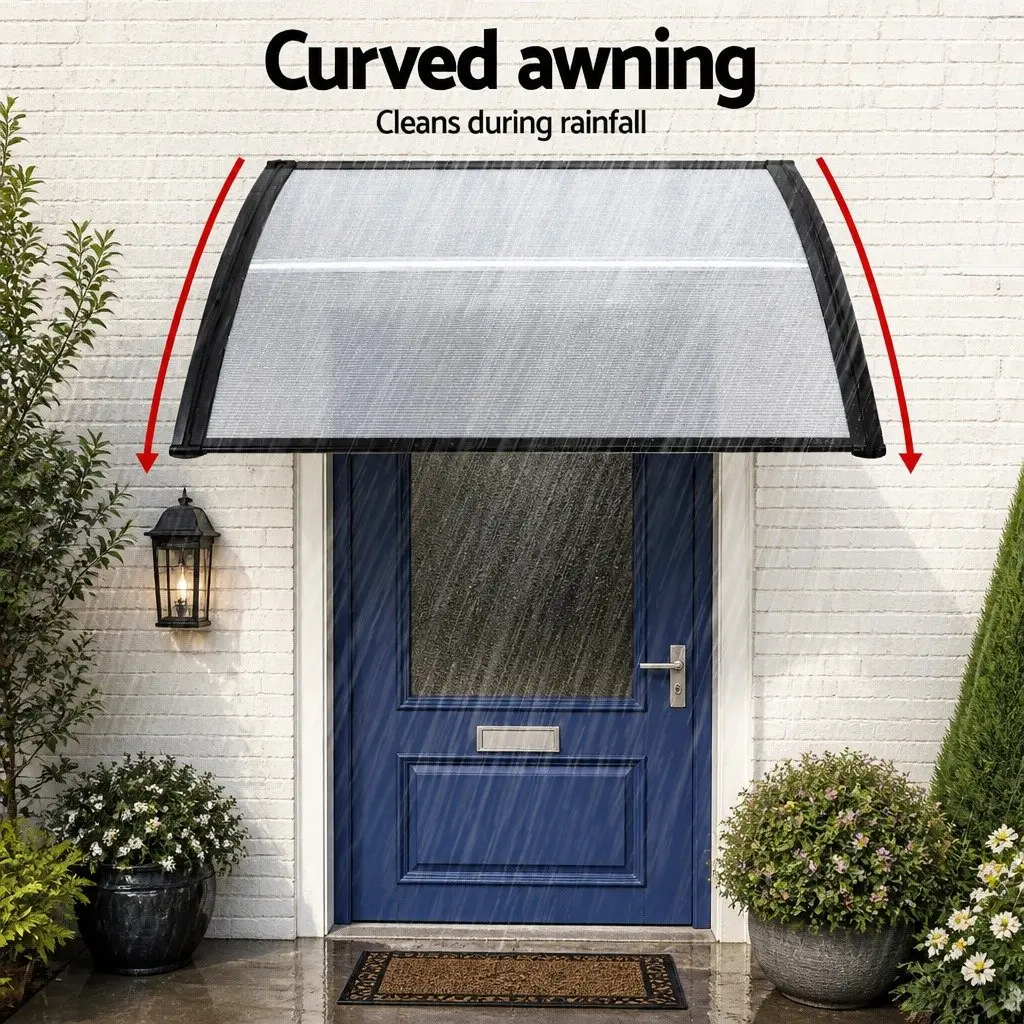 Window Door Awning Sun Rain Protection 0.8M x 1M Transparent Panel Black Brackets