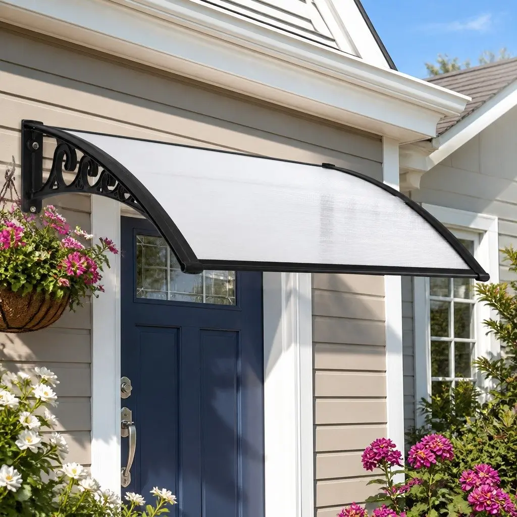 Window Door Awning Sun Rain Protection 0.8M x 1M Transparent Panel Black Brackets