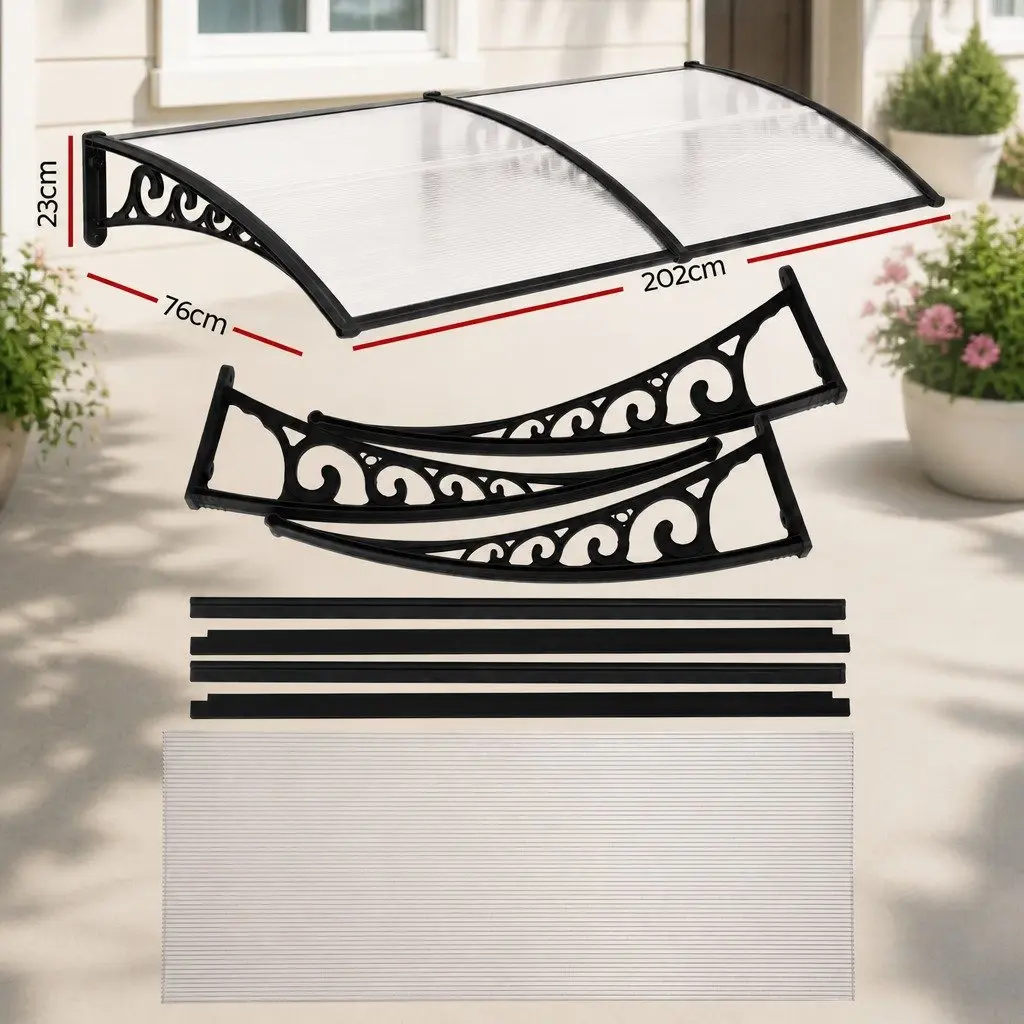 Window Door Awning 0.8M x 2M UV Rain Resistant Transparent PC Panel Canopy Shelter Cover
