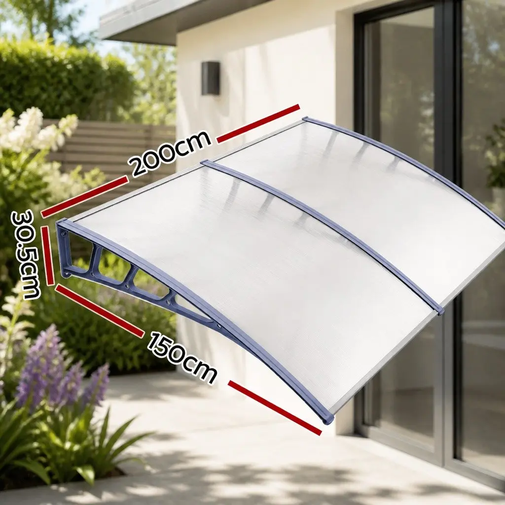 Awning Canopy Door Window 1.5M x 2M Clear Panel Grey Frame Outdoor Shade