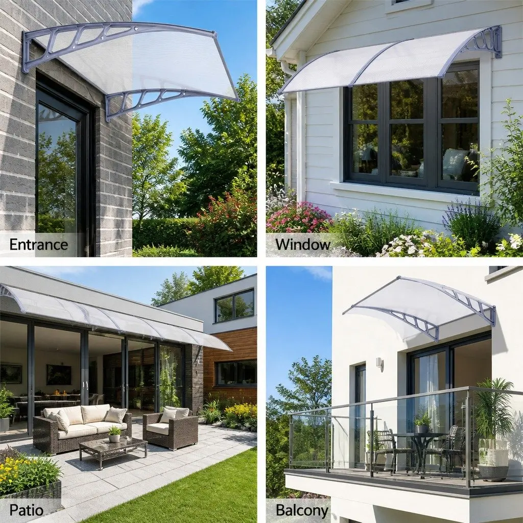 Awning Canopy Door Window 1.5M x 2M Clear Panel Grey Frame Outdoor Shade