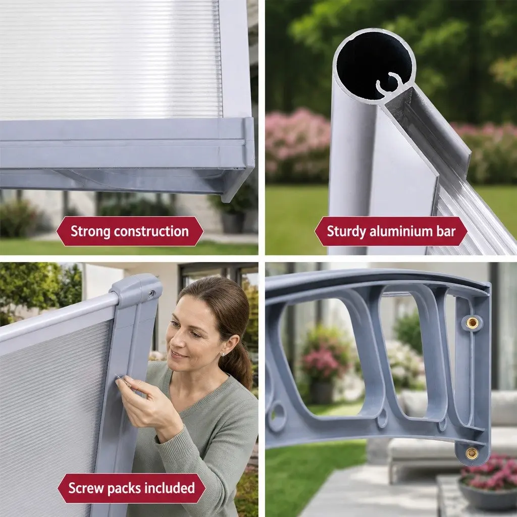 Awning Canopy Door Window 1.5M x 2M Clear Panel Grey Frame Outdoor Shade