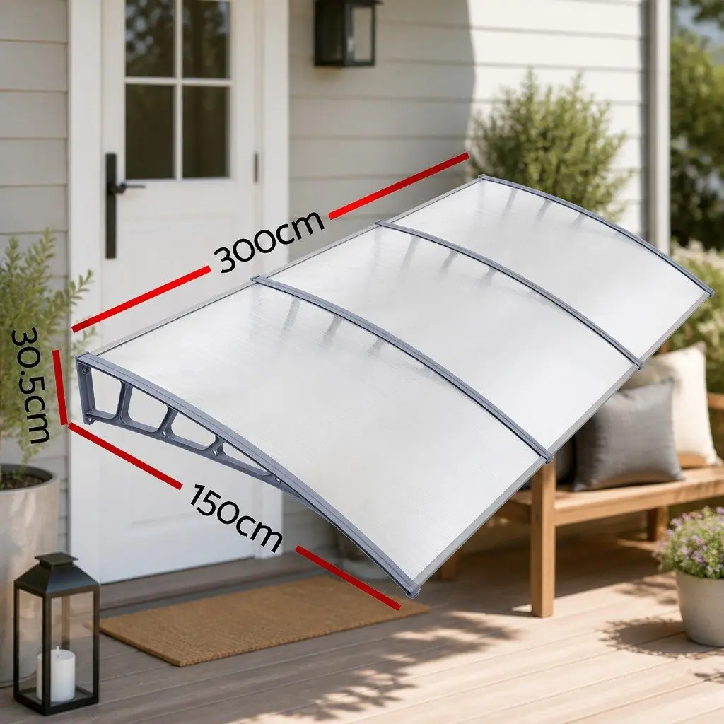 Awning Canopy Window Door 1.5m x 3m Clear Panel Grey