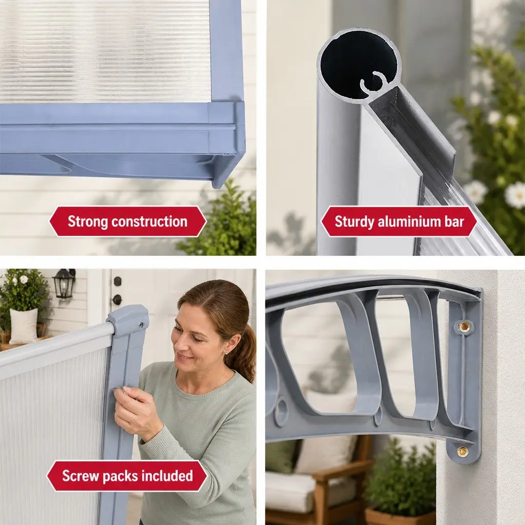 Awning Canopy Window Door 1.5m x 3m Clear Panel Grey