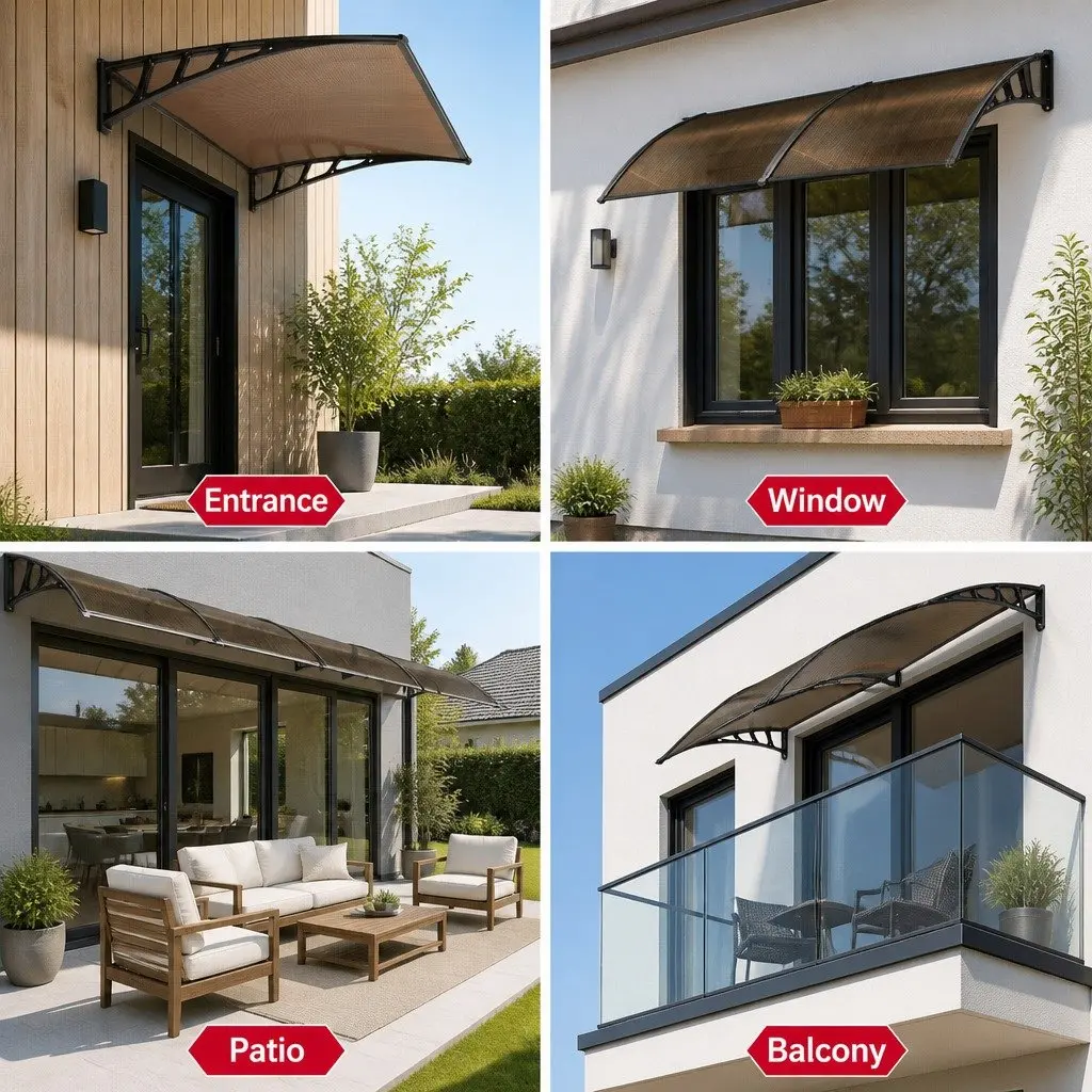 Awning Canopy Outdoor Shade 1.5M x 3M Brown PC Panel Black Bracket