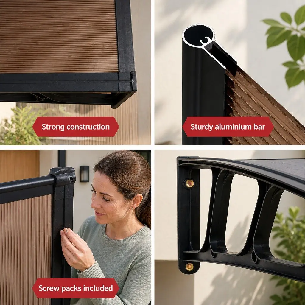 Awning Canopy Outdoor Shade 1.5M x 3M Brown PC Panel Black Bracket