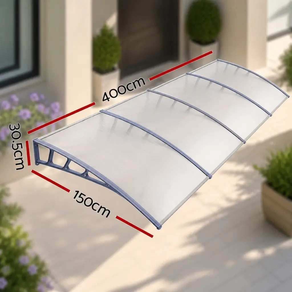 Awning Canopy 1.5m x 4m UV Rain Resistant Clear Panel Grey Brackets Polycarbonate