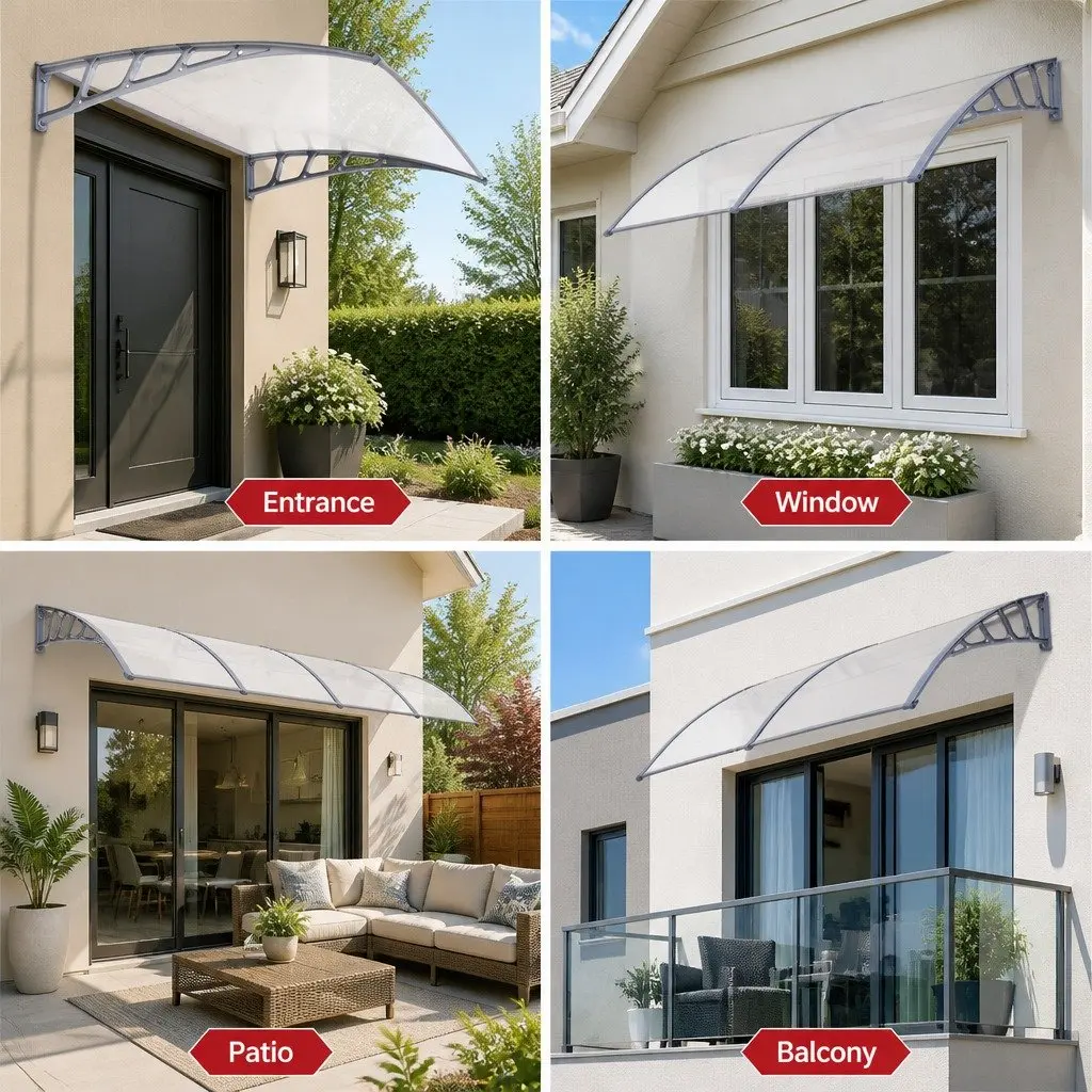 Awning Canopy 1.5m x 4m UV Rain Resistant Clear Panel Grey Brackets Polycarbonate