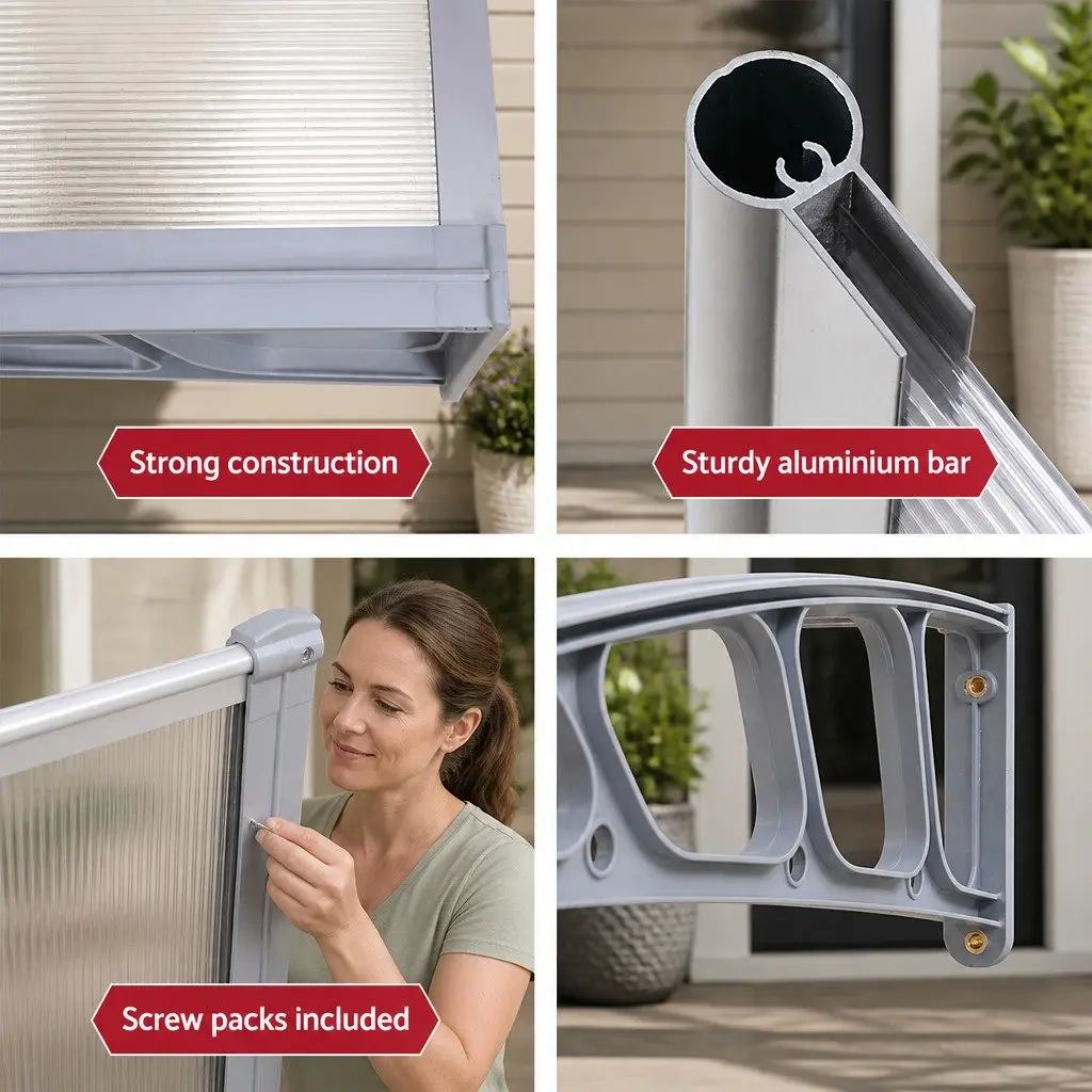 Awning Canopy 1.5m x 4m UV Rain Resistant Clear Panel Grey Brackets Polycarbonate