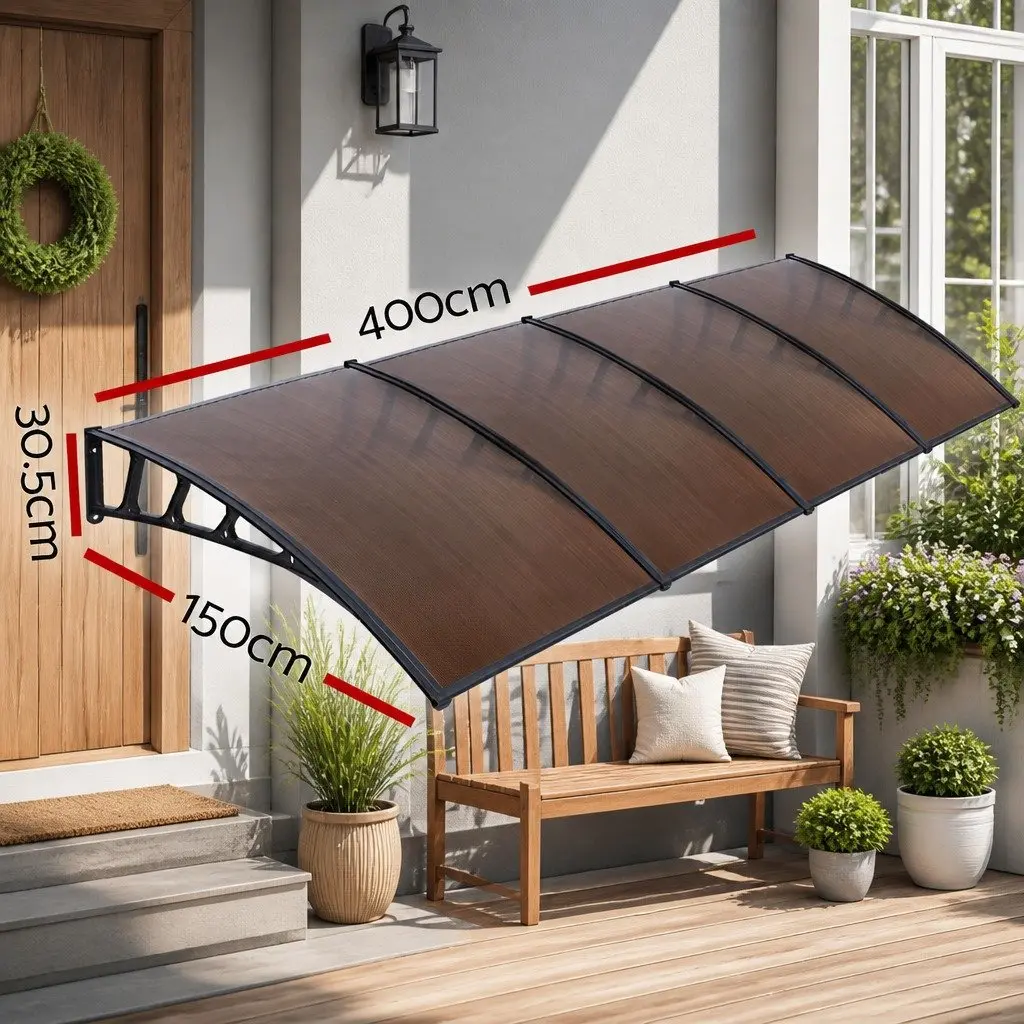 Canopy Awning Outdoor Shade 1.5m x 4m Brown PC Panel Aluminium Frame