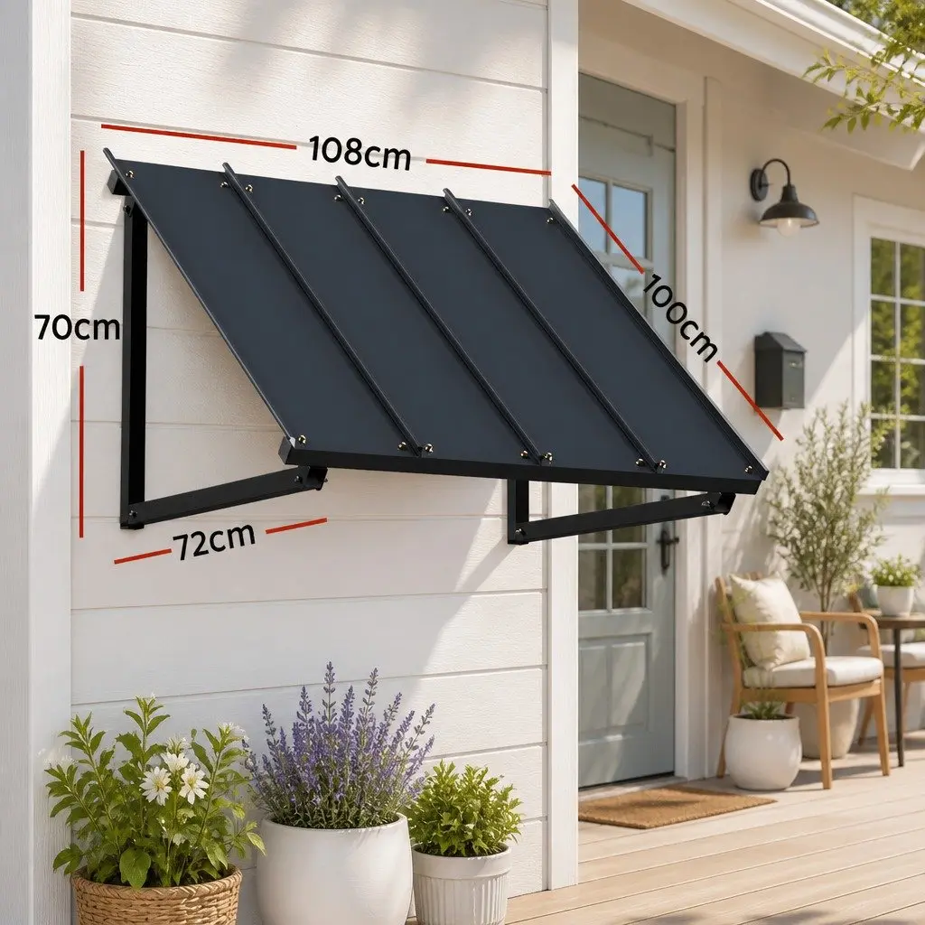 Door Window Canopy Awning Black Metal Frame 1m x 1.2m Shelter Shade Outdoor Protection