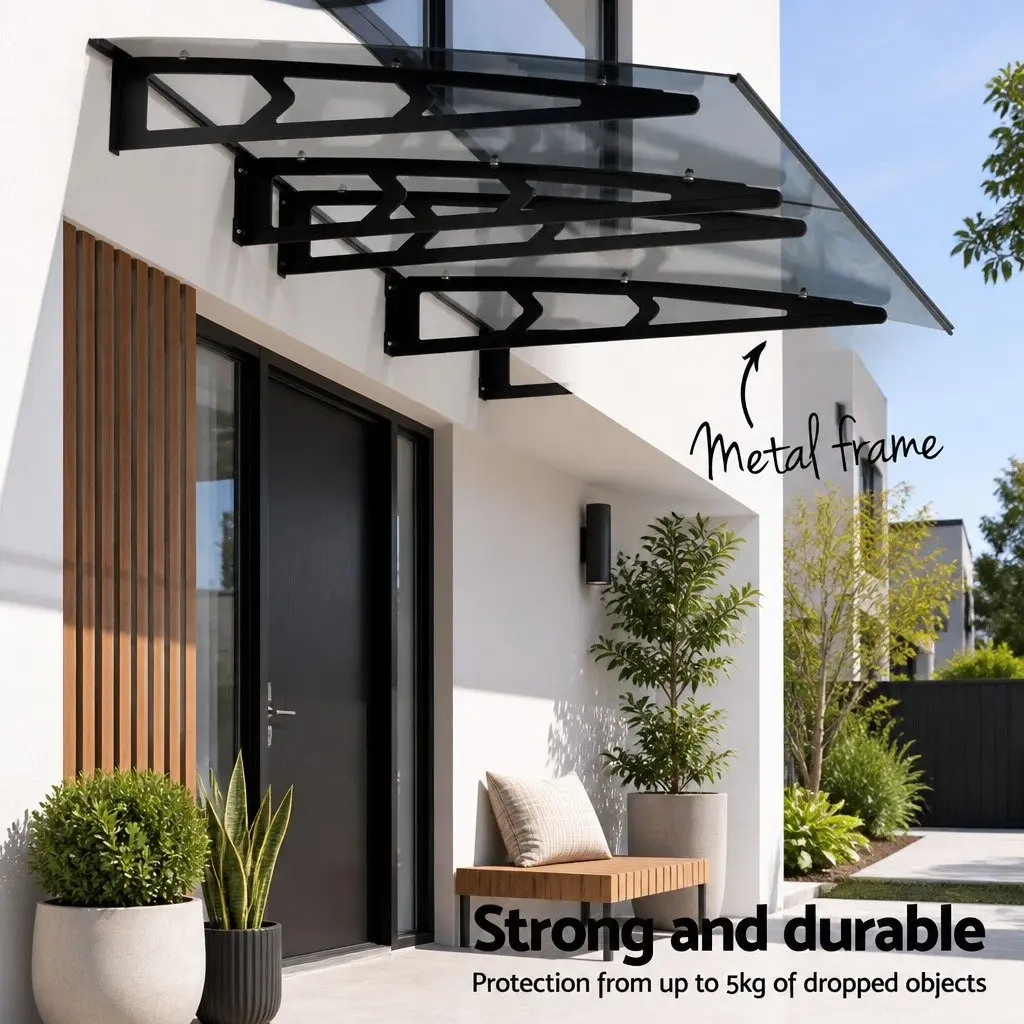 Window Door Awning Canopy 1m x 2m Grey Polycarbonate Panel Metal Frame