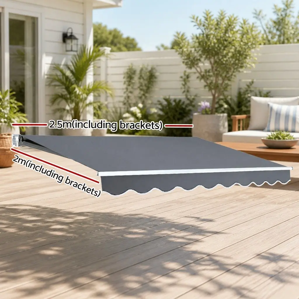 Retractable Manual Folding Arm Awning Sunshade Grey 2m x 2.5m Outdoor Patio Garden