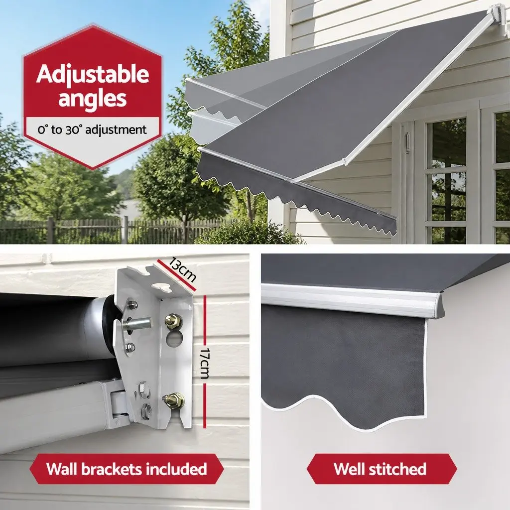 Retractable Manual Folding Arm Awning Sunshade Grey 2m x 2.5m Outdoor Patio Garden