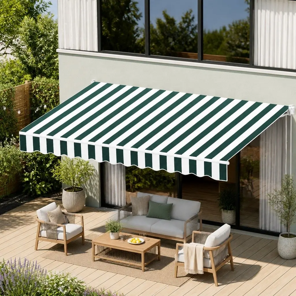 Folding Arm Awning Manual Hand Crank Sunshade 3m x 2.5m Green White