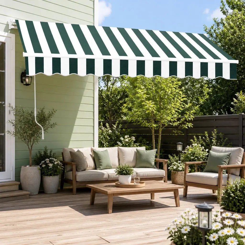 Folding Arm Awning Manual Hand Crank Sunshade 3m x 2.5m Green White