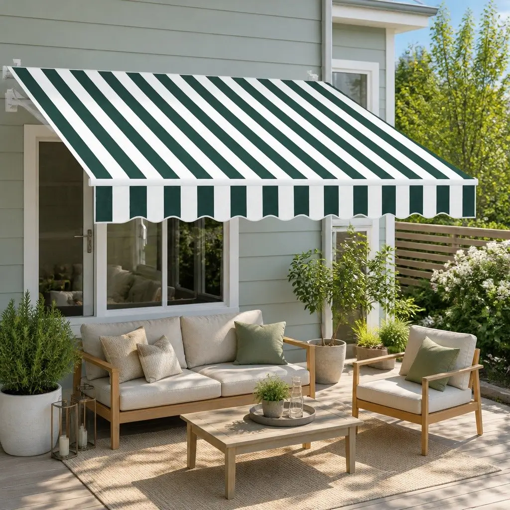 Folding Arm Awning Manual Hand Crank Sunshade 3m x 2.5m Green White