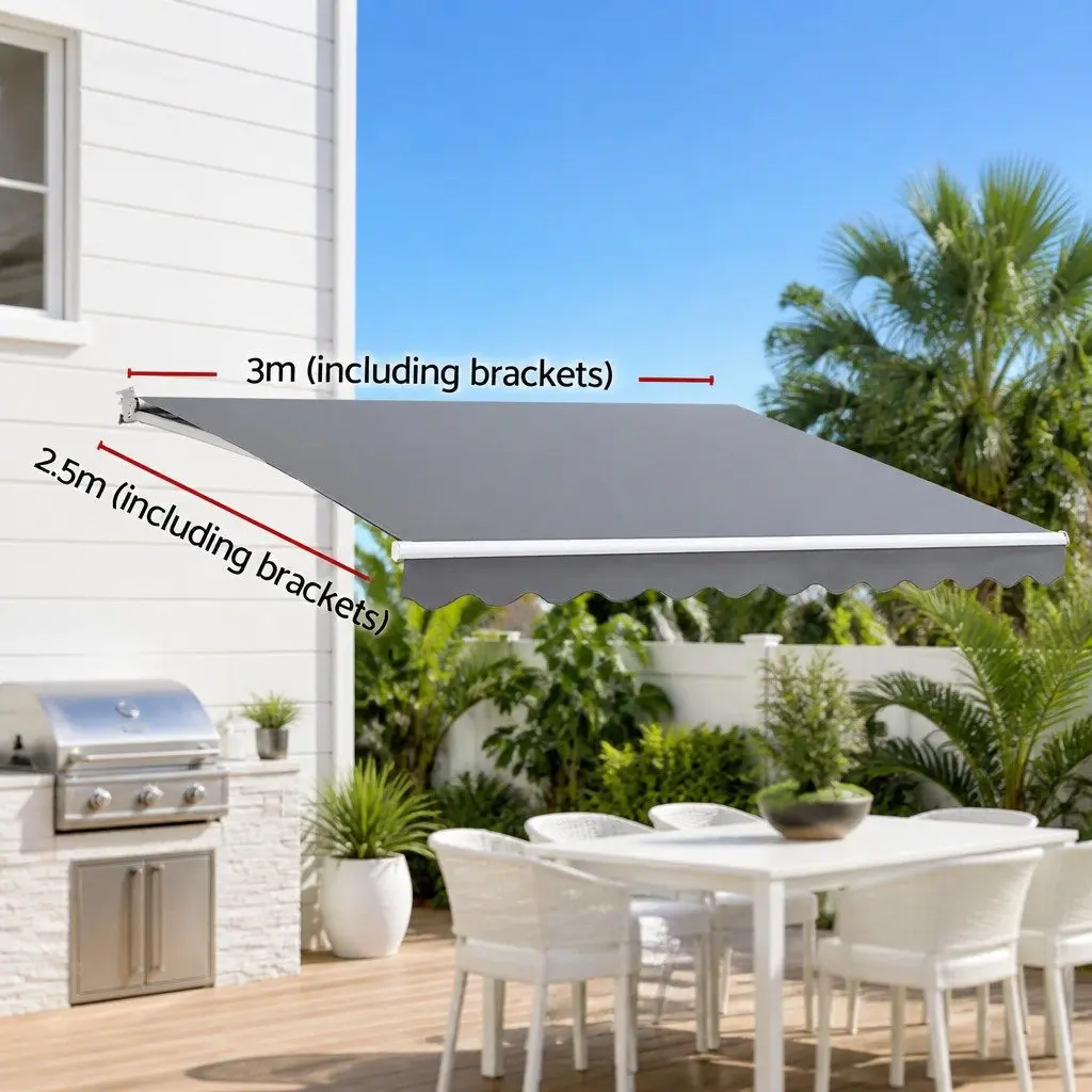 Retractable Folding Awning Manual Shade 3m x 2.5m Pearl Grey Outdoor Patio Garden