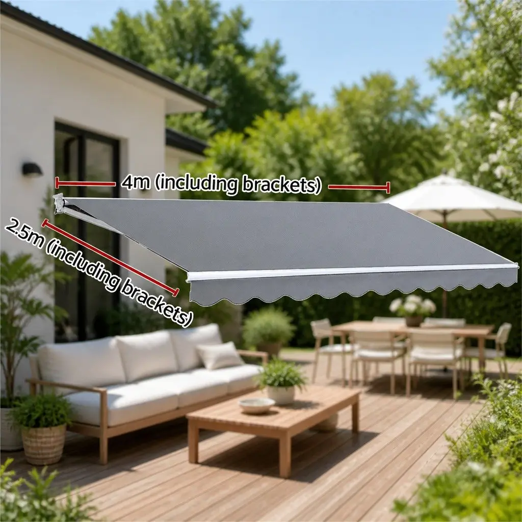 Retractable Folding Awning Manual Sunshade Outdoor Patio Garden 4M x 2.5M Pearl Grey