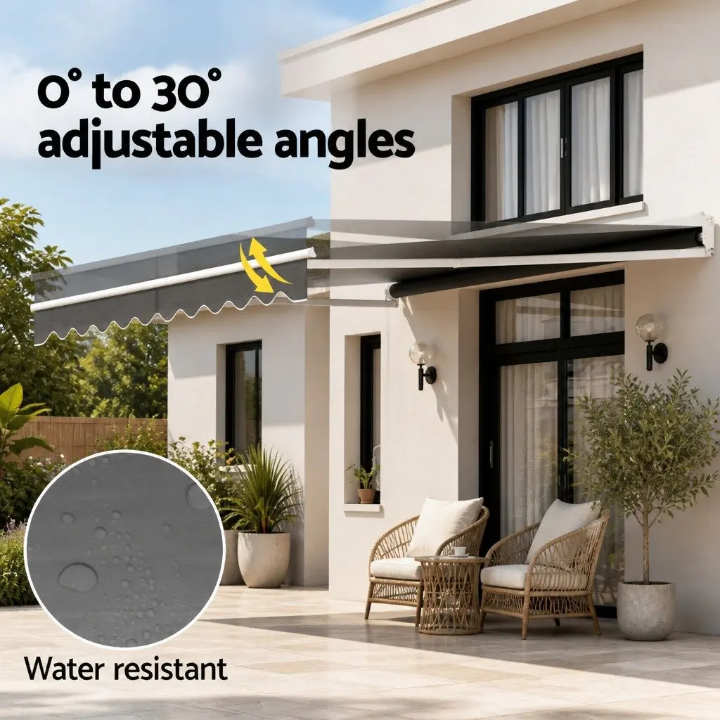 Retractable Folding Awning Manual Sunshade 4.5m x 3m Grey Outdoor Garden