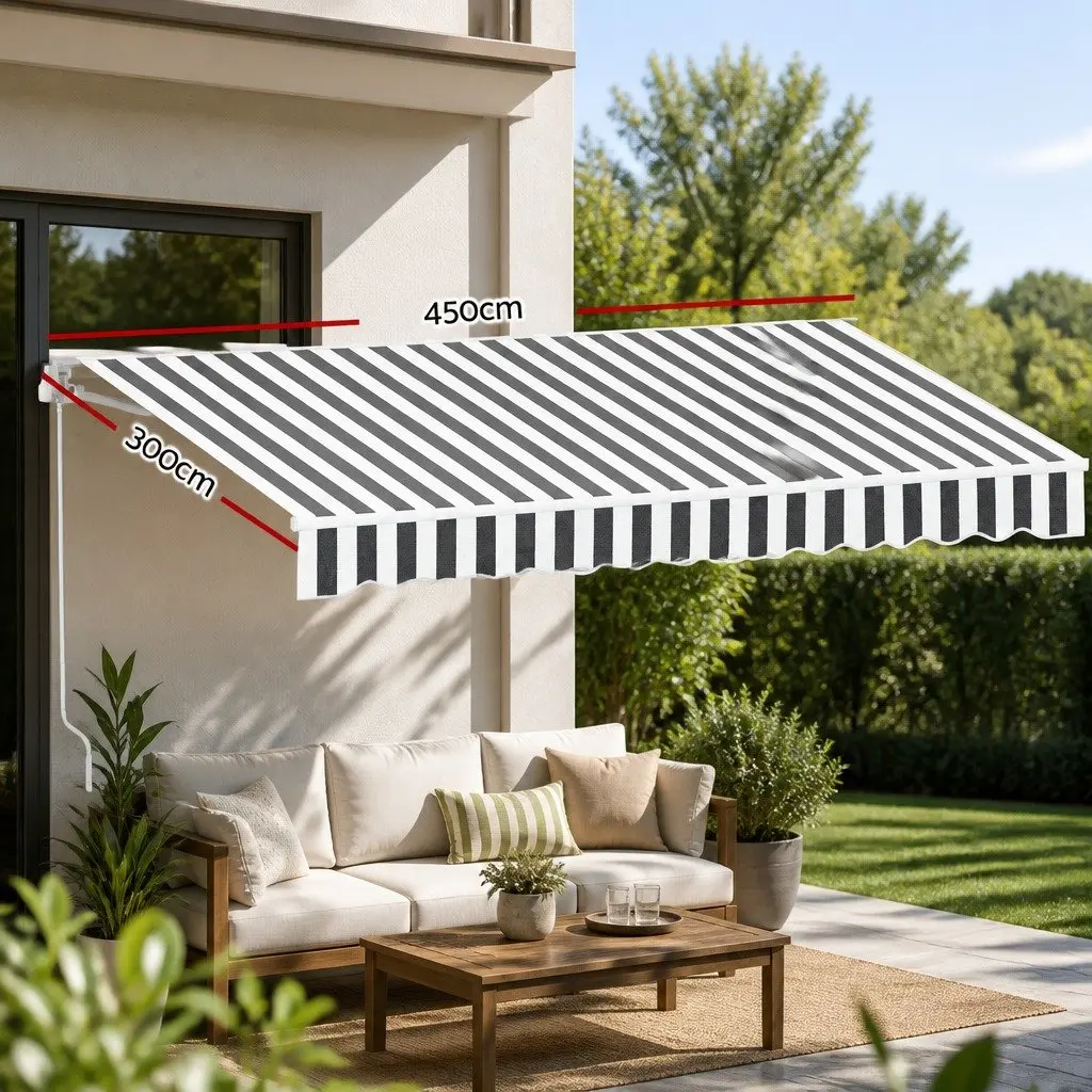 Folding Arm Awning Manual Hand Crank Sunshade 4.5M x 3M Grey