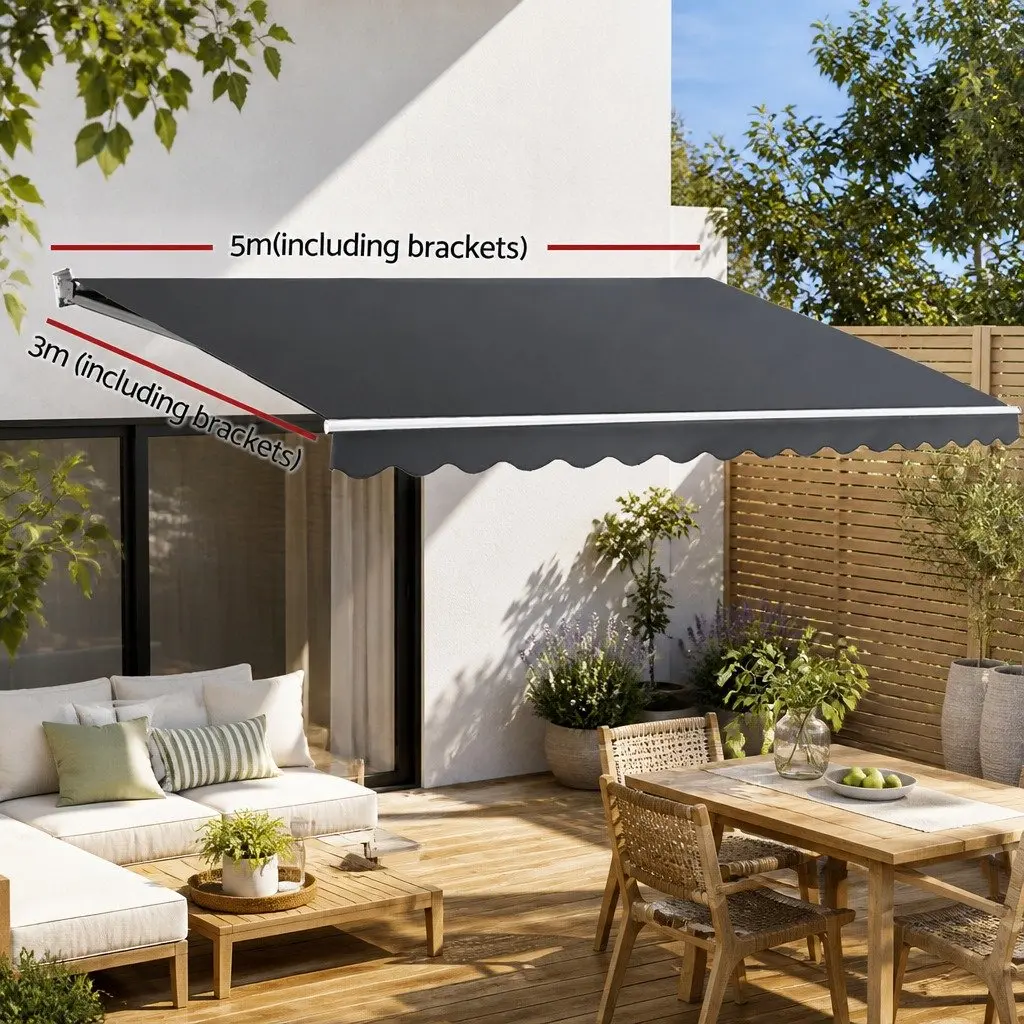 Retractable Manual Folding Awning Grey UV Resistant 5m x 3m Outdoor Shade for Patio Garden