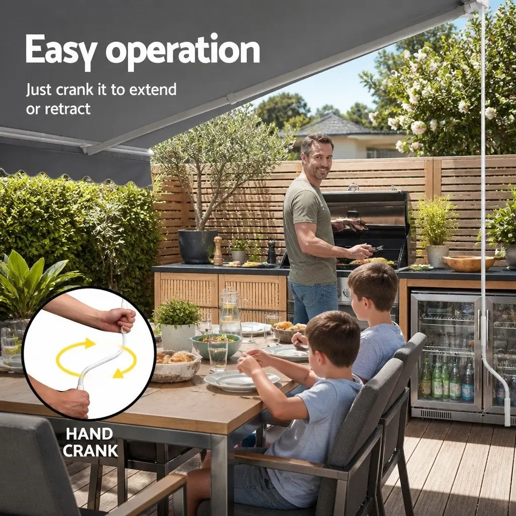 Retractable Manual Folding Awning Grey UV Resistant 5m x 3m Outdoor Shade for Patio Garden