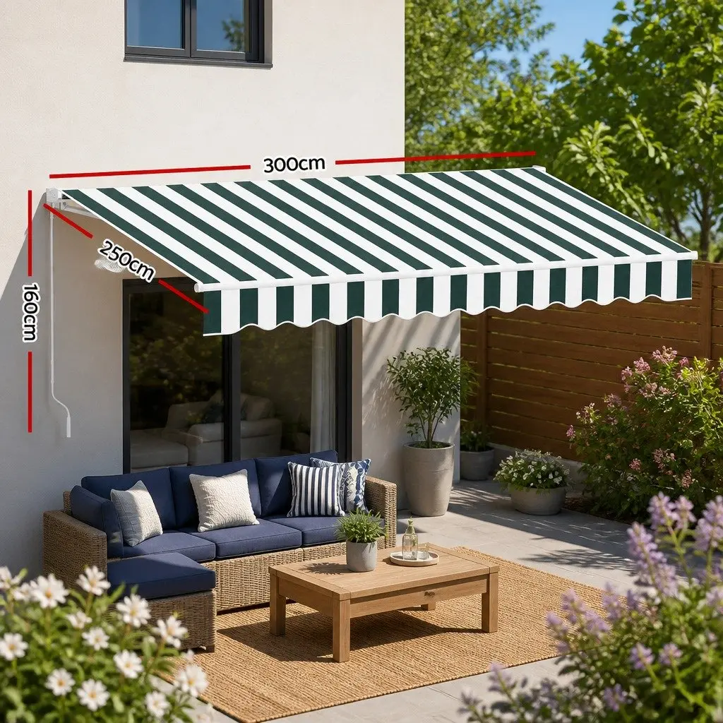 Folding Arm Awning Motorised Remote Control 3m x 2.5m Green White Grey