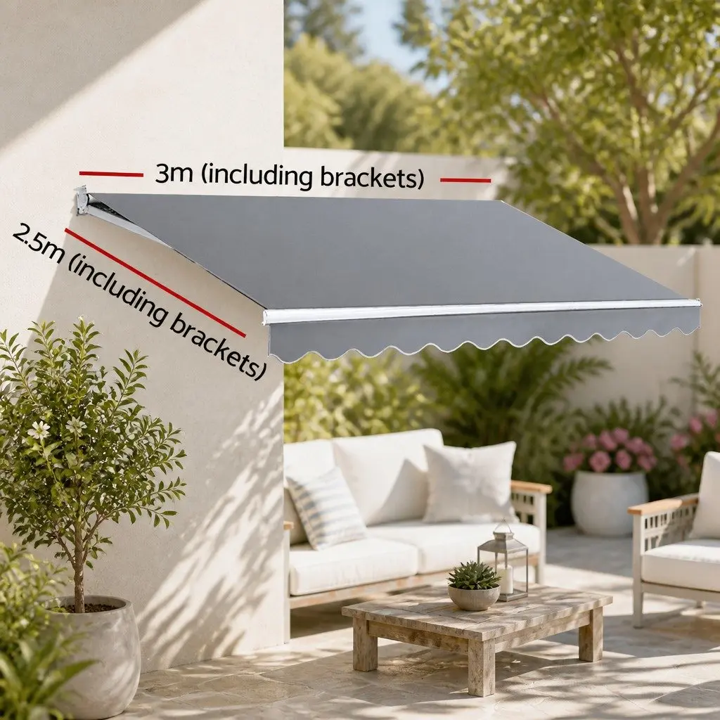Motorised Folding Arm Awning Sunshade 3m x 2.5m Pearl Grey Green