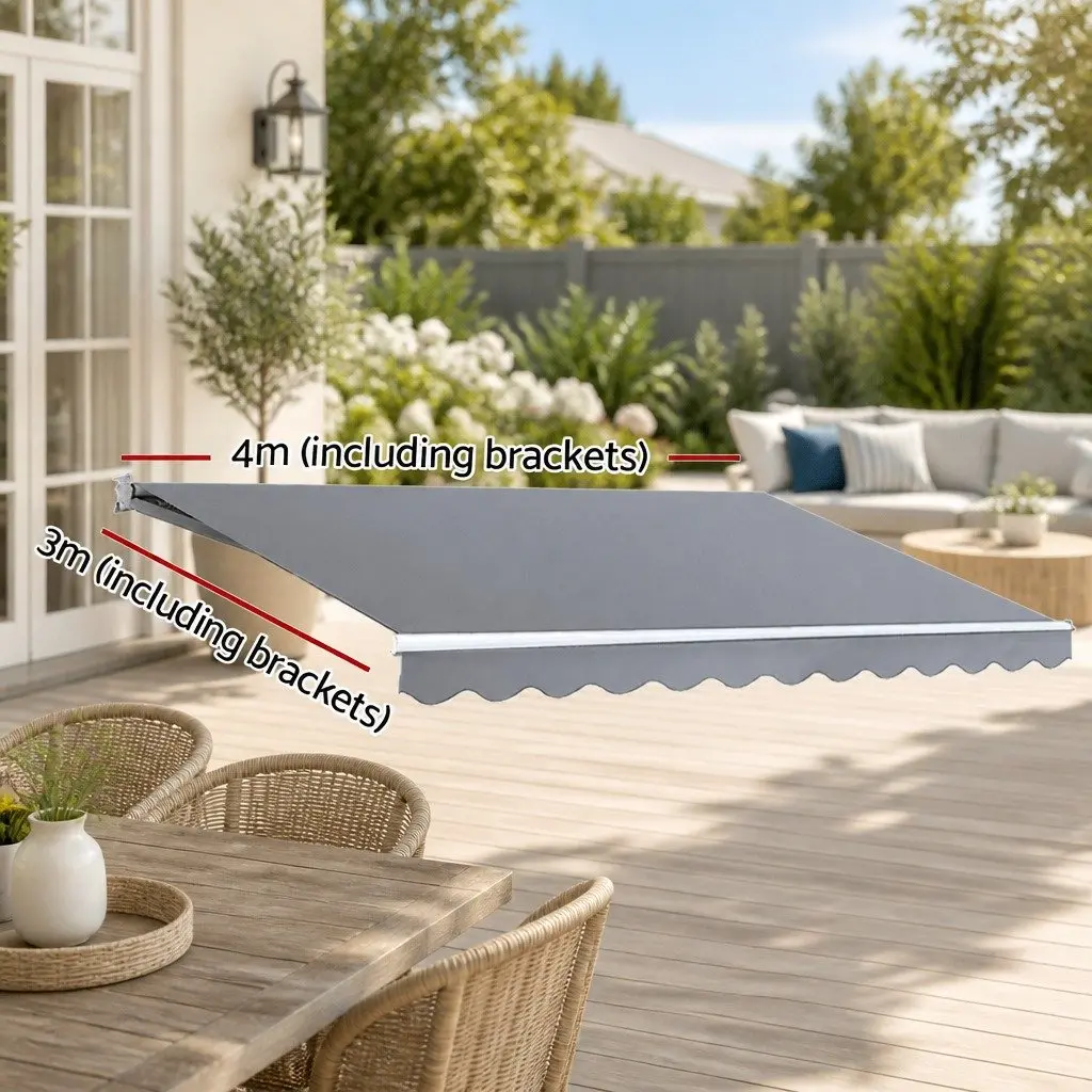 Motorised Retractable Folding Arm Awning 4M x 3M Sunshade Pearl Grey