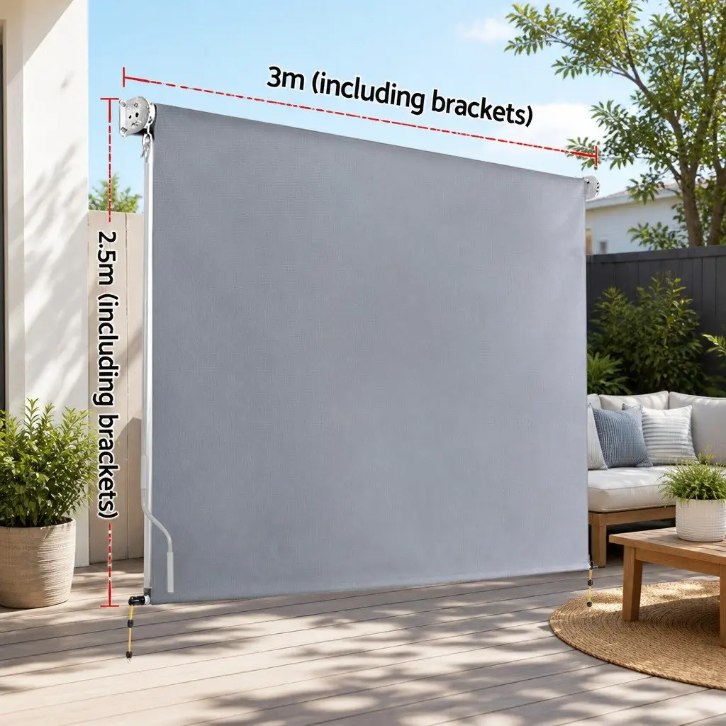 Retractable Screen Awning Outdoor Shade Blind 3M x 2.5M Grey